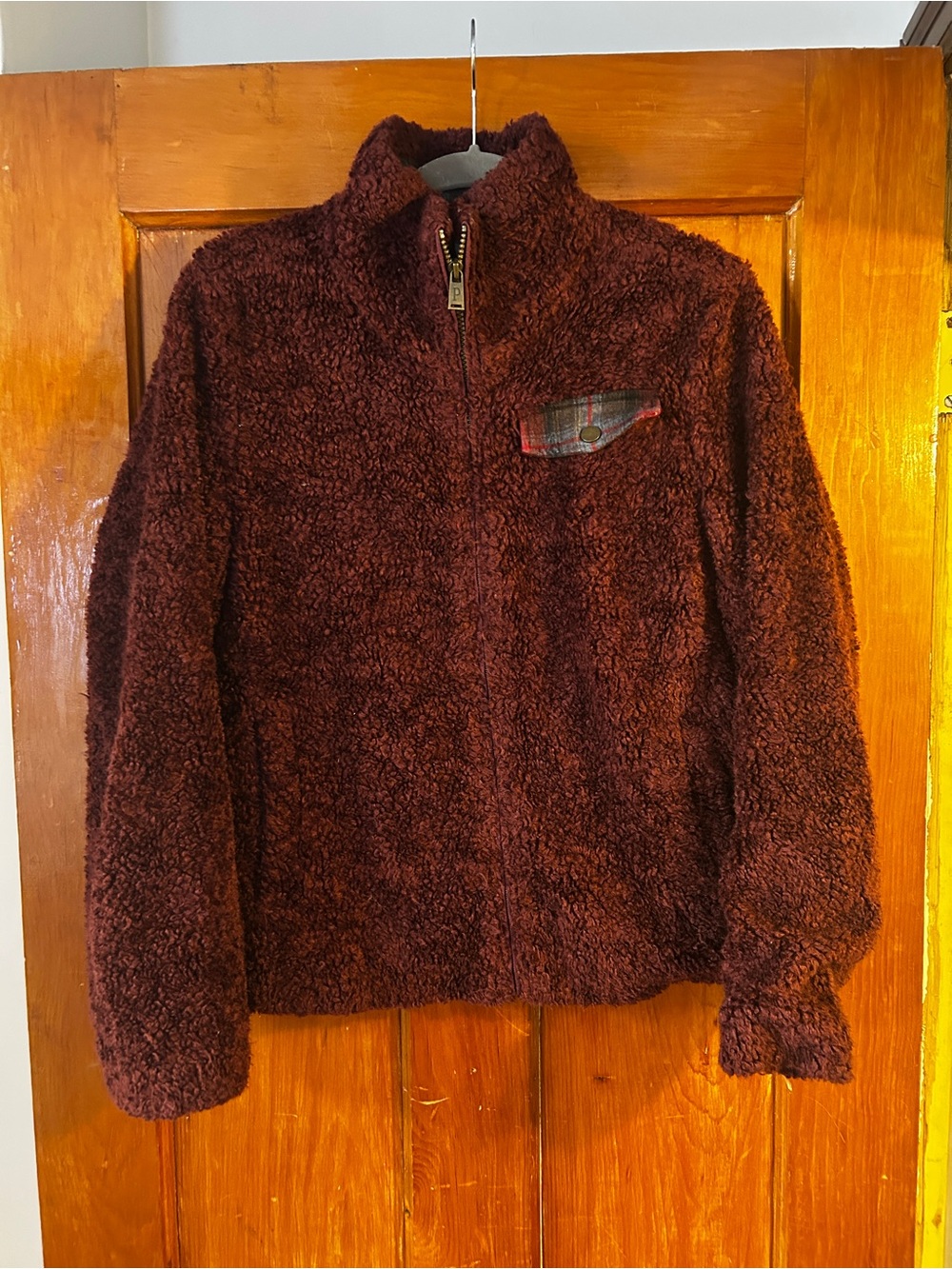 Pendleton Sherpa Teddy Fleece Jacket Burgundy Plaid Wool Trim Women’s Med